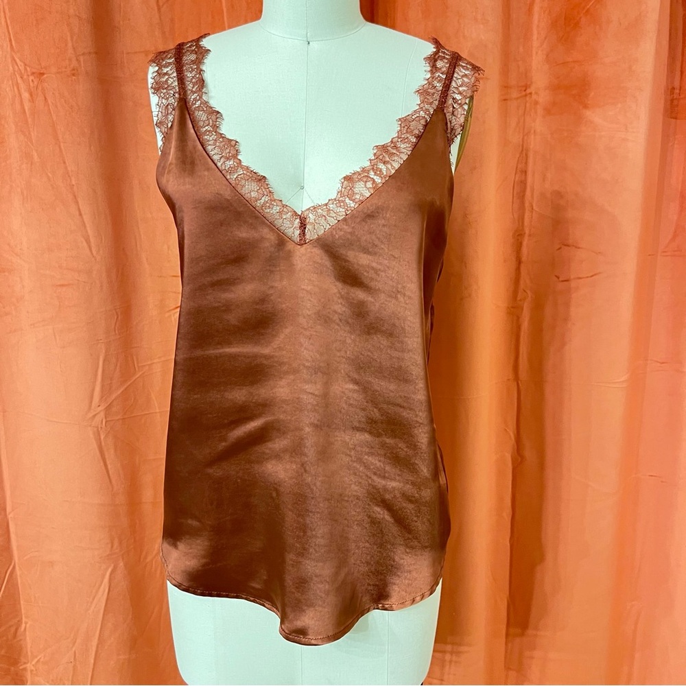 Skies Are Blue satin and lace trim chemise style top in Rich Brown